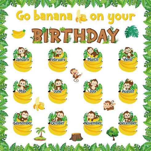 Jungle Theme Monkey Birthday Bulletin Board Set Classroom Happy Birthday Chart Cutouts Safari Decorations for Calendars Bulletin Boards Wall Presc...
