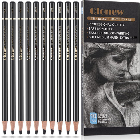 Professional Charcoal Pencils Drawing Set - 10 Pieces Super Soft, Soft, Medium & Hard Charcoal Pencils for Drawing, Sketching, Shading, Beginners ...