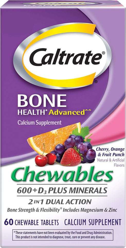 Caltrate Chewables 600 Plus D3 Plus Minerals Calcium Vitamin D Supplement, Cherry, Orange and Fruit Punch - 60 Count...