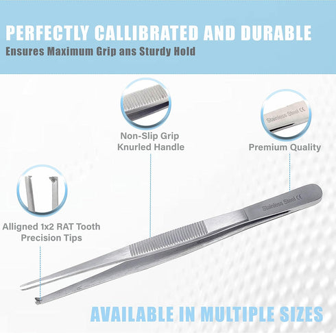 Dissecting Tissue Thumb Forceps Tweezers 6" (15.24 cm), Blunt 1x2 Rat Tooth Straight Stainless Steel...