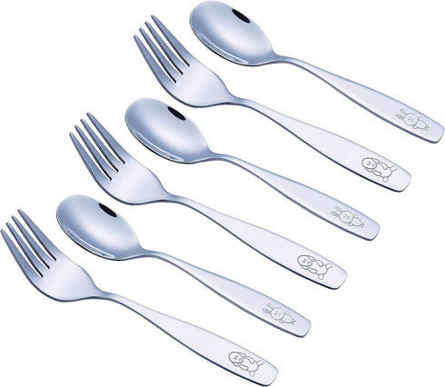 Exzact Children Flatware 6pcs - 3 x Forks, 3 x Spoons - Toddler Utensil Kids Silverware Cutlery Stainless Steel - Dishwasher Safe...