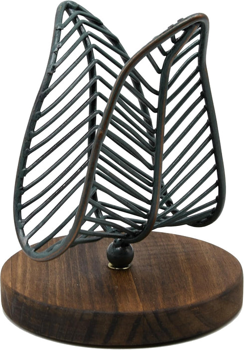 OwlGift Freestanding Modern Napkin Holder w/Golden Turquoise Wrought Iron Leaf & Brown Wooden Base Design, Tabletop Tissue Dispenser, Napkin Stora...