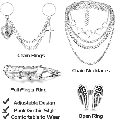 Sanfenly Punk Chain Rings+ Layered Chain Necklace Set for Women Men, Cool Goth Punk Vintage Stackable Open Finger Rings Statement Pendant Choker N...
