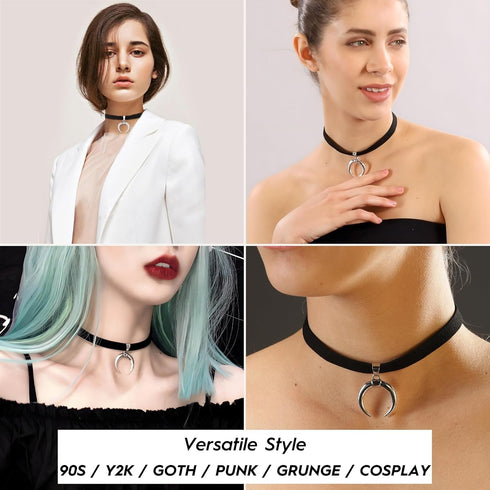 Black Suede Leather Choker Necklace with Silver Crescent Moon Pendant for Women Men...