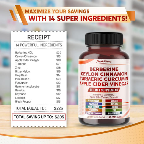 Berberine 8000mg Cinnamon 6000mg Apple Cider Vinegar 3000mg Turmeric 3000mg - Overall Wellness Support- Made in USA...