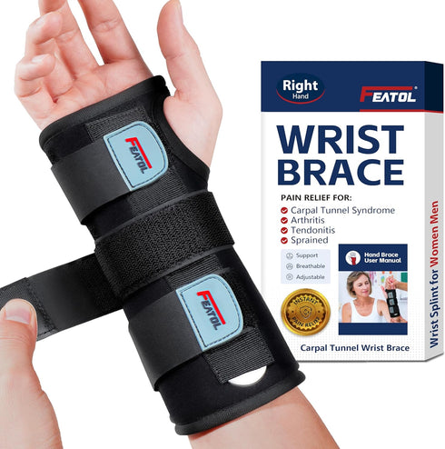 FEATOL Wrist Brace Hand Brace, Carpal Tunnel Wrist Splint Night Support for Women Men, Pain Relief Support -Tendonitis, Arthritis, Sprain, Right H...