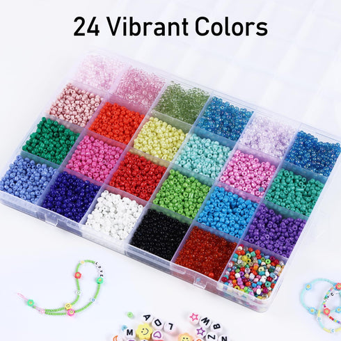 AnutriON 12000pcs 3mm Tiny Color Glass Seed Beads for Bracelets Making Kit and Smile Face Charm Beads Letter Beads for Friendship Bracelets Jewelr...