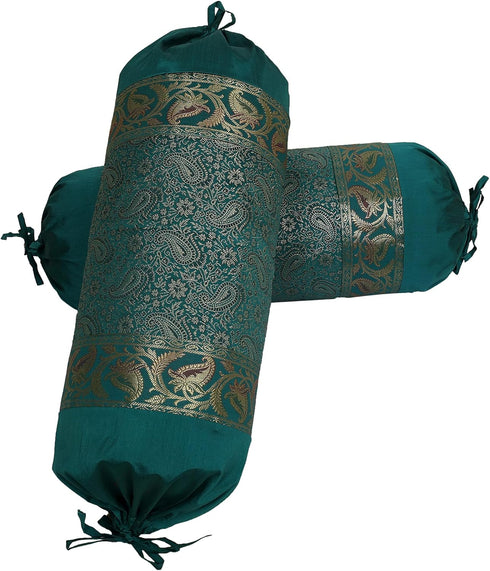 Ethnic Jacquard Brocade Silk Bolster Cushion Covers Paisley Emerald Green Yoga Massand Living Room Decorative Cylindrical Hotdog Traditional Throw...