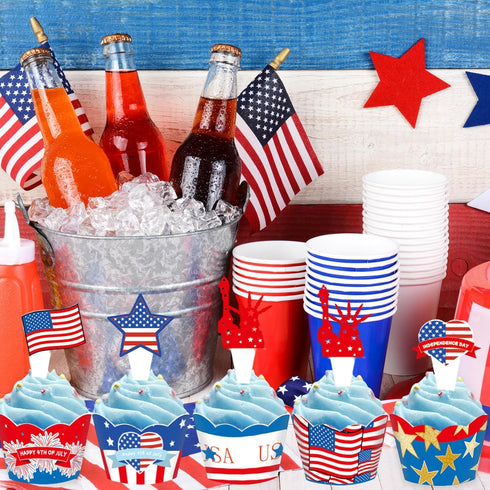 24 PCS 4th of July Cupcake Toppers Wrappers USA Patriotic Cupcake Liners for Cake Decoration Supplies, Independence Memorial Day Party Cake Decora...