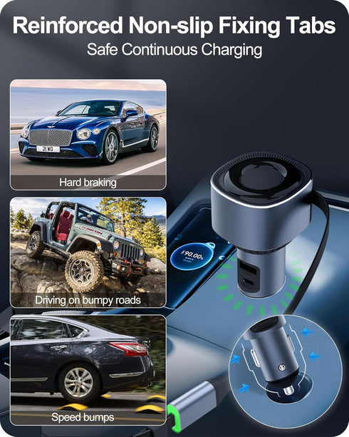 4-in-1 Retractable Car Charger, 60W Ultra-Fast Charging Car Charger, Car Adapter with 40-inch Type C/Lighting Charging Cable, Compatible with iPho...