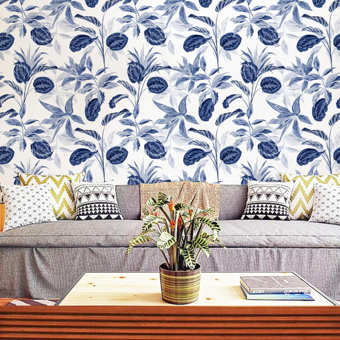 Palm Tree Leaf Navy Blue and White Floral Wallpaper Peel and Stick Tropical Wallpaper Jungle Contact Wall Paper Leaves Flower Watercolor Bathroom ...