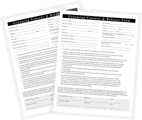 Boutique Marketing Pet Grooming Intake, Consent & Release Form | 50 Pack 8.5x11incheses Standard Paper Size Supplies Matches Groomer Loyalty Appoi...