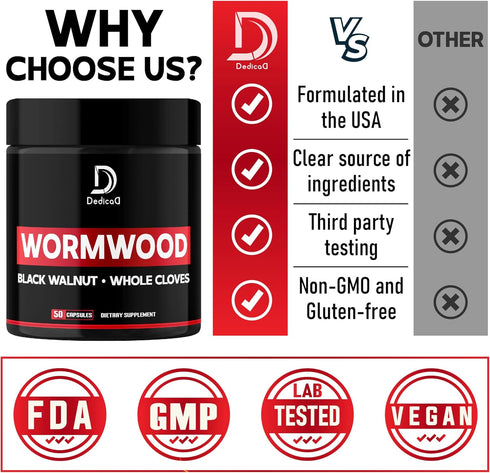 Wormwood Capsules - 12 Herbs Blended Black Walnut, Cloves, Ginger, Turmeric, Cinnamon, Apple, Quassia - 2 Packs 50 Capsules - Support Digestive, I...