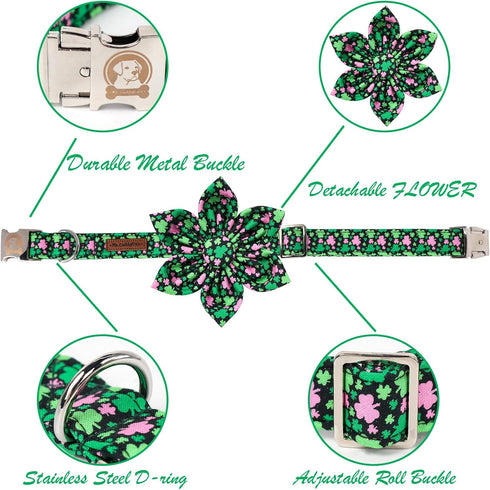 MR. CHUBBYFACE St.Patrick's Day Clover Dog Collar,Pink Green Clovers Adjustable Dog Collar with Flower Tie for Small Medium Large Dogs,L...