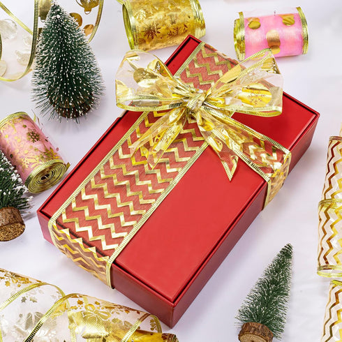 Gold Ribbon for Christmas Tree 2.5 Inch 6 Rolls 36 Yards Gold Christmas Ribbon Gold Ribbon,Wired Holiday Party Ribbons Assorted Patterns Decoratio...