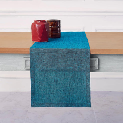 Solino Home Linen Table Runner 72 Inches Long - Athena, 100% Pure Linen Chambray Teal Dining Table Runner 14 x 72 Inch for Fall - Handcrafted and ...