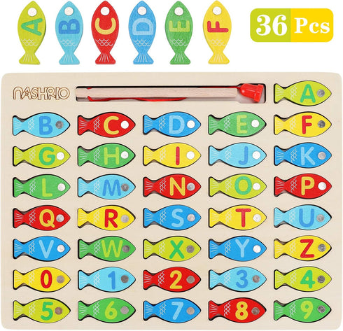 Magnetic Wooden Fishing Game Toy for Toddlers, Alphabet Fish Catching Counting Games Puzzle with Numbers and Letters, Preschool Learning ABC Math ...