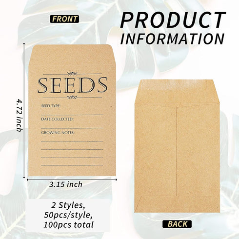 100 PCS Seed Packets Envelopes, Small Paper Envelopes for Seeds, 4.7x3.2" Self Sealing Kraft Seed Saving Envelopes with Printed Seed Collecting Te...