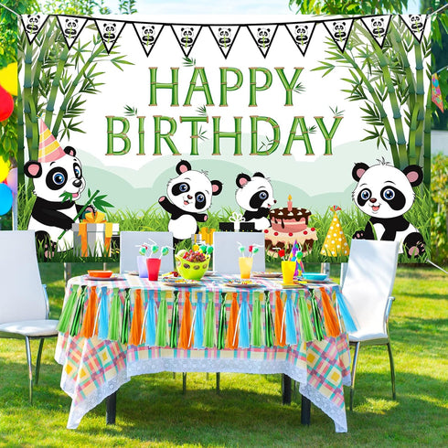 Cartoon Panda Birthday Decorations Panda Backdrop for Party Supplies Animal Themed Banner Green Bamboo Background Baby Shower Photo Background Kid...