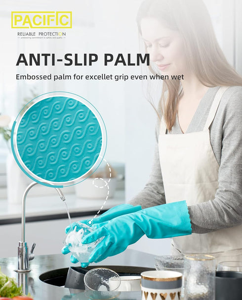 PACIFIC PPE 4 Pairs Reusable Dishwashing Cleaning Gloves, Household, Kitchen, Cotton Liner, Green, Small...