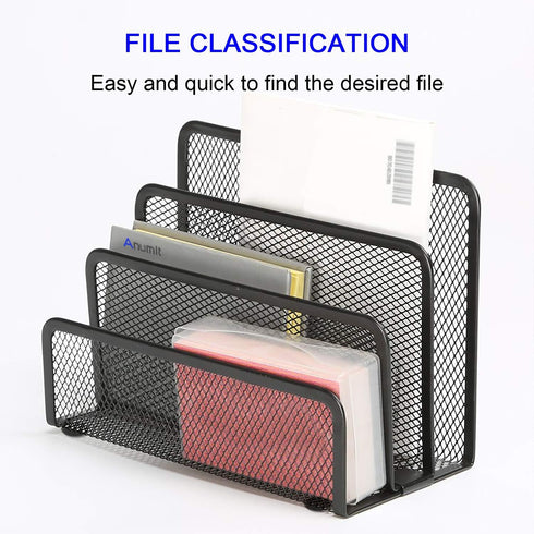 Desk Mail Organizer, File Holder Letter Sorter with 3 Vertical Upright Metal Mesh Compartments Document, Filing, Folders, Mail, Paper Organizer fo...