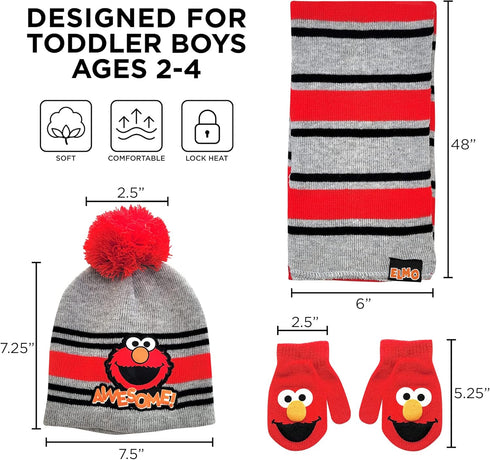 Sesame Street Boys Toddler Winter Hat, Scarf & Mittens Set, Elmo Beanie For Ages 2-4...