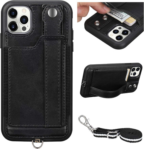 TOOVREN Wallet Case for iPhone 12 Pro Max Lanyard Case with PU Leather Kickstand Detachable Neck Strap Cover for iPhone 12 Pro Max 6.7" for Men Wo...