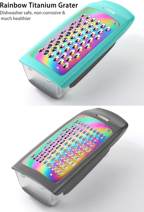 Marco Almond MA63 Rainbow Titanium Hand-held Grater Set, Cheese Box Grater with Removable Containers, Stainless Steel with Titanium Coating...