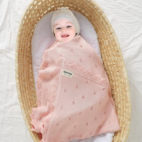 mimixiong Cotton Baby Blanket Knitted Crochet Receiving Crib Nursery Swaddling Blankets for Newborn Baby Boy Girl Pastel Pink 30x40 Inch (Pack of ...