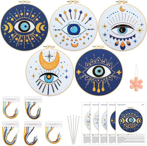 5 Pcs Evil Eye Embroidery Starters Set for Beginners Stamped Cross Stitching Kits for Adults, 5 Embroidery Cloth with Patterns, Hoop, Needles, Thr...