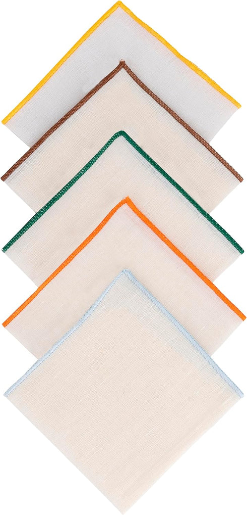 Men's Linen Pocket Square Solid White with Embroidered Edge Premium Cotton Pocket squares (Dark green, Yellow, Orange, Light brown, Tea green)...