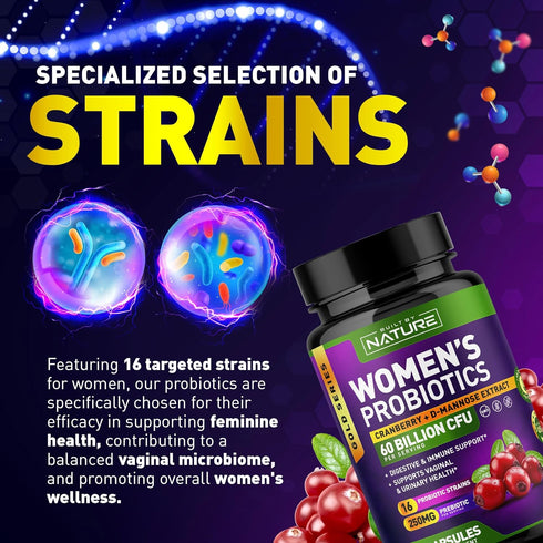 Probiotics for Women - 60 Billion CFUs, 16 Strains, with Cranberry, D-Mannose & Prebiotics - Supports Digestive, Immune, & Vaginal Health - Non-GM...