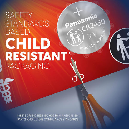 Panasonic CR2450 3.0 Volt Long Lasting Lithium Coin Cell Batteries in Child Resistant, Standards Based Packaging, 1-Battery Pack...