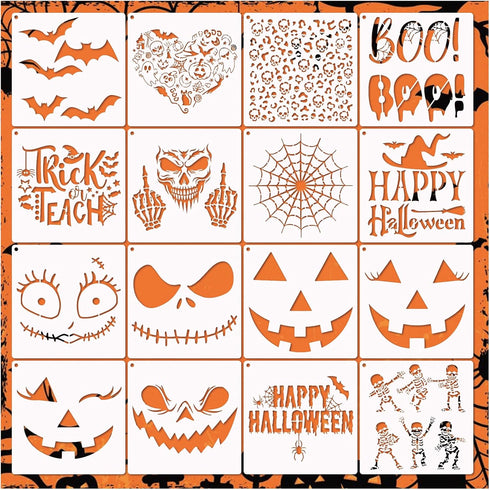 Halloween Stencils for Painting on Wood Craft Large Reusable Boo Skeleton Pumpkin Spider Web Boo Trick or Treat Paint Stencils for Door Hanger Wal...
