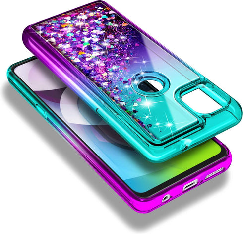 NZND Case for Motorola One 5G Ace (One 5G UW Ace) with Tempered Glass Screen Protector (Maximum Coverage), Sparkle Glitter Flowing Liquid Women Gi...