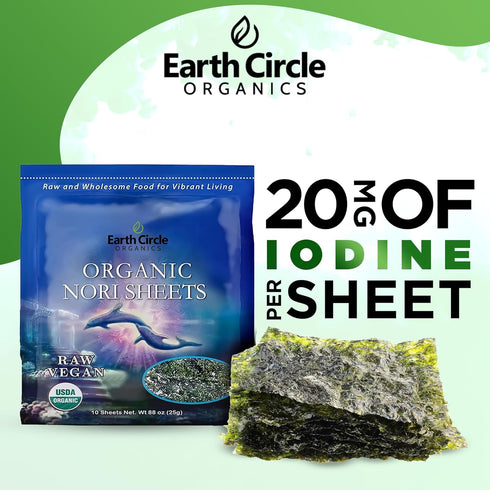 Earth Circle Organics | Organic Nori Seaweed Sheets - Raw, Unheated & Not Roasted | Grade A Certified | Vegan, Paleo, Keto Friendly | Premium Nori...
