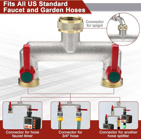 welltop Brass Garden Hose Splitter, 3/4" 2 Way Heavy Duty Faucet Diverter with 2 Extension Handles, Outdoor Water Spigot Splitter Faucet Bib Tap A...