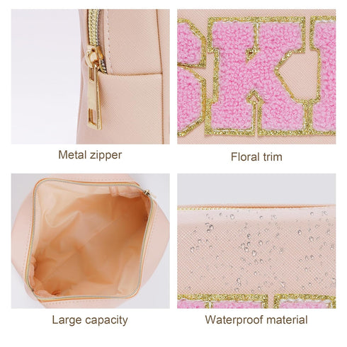 2PCS Patch Makeup Bag Preppy Cosmetic Bag Set Toiletry Storage Purse Skincare Pouch Waterproof PU Leather Travel Makeup Organizer for Women...