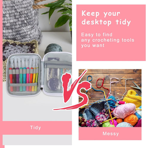 Katech Crochet Hooks Case Empty Zipper Bags Portable Travel Crochet Storage Bag Organizer with Web Pocket and Crochet Holder Slots for Carrying Va...