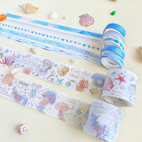 Ocean Washi Tape Set 2+5 Roll, Beach Themed Silver Foil Aesthetic Stickers Scrapbook Tape, Blue Washi Tape for journaling, Junk Journal Supplies, ...