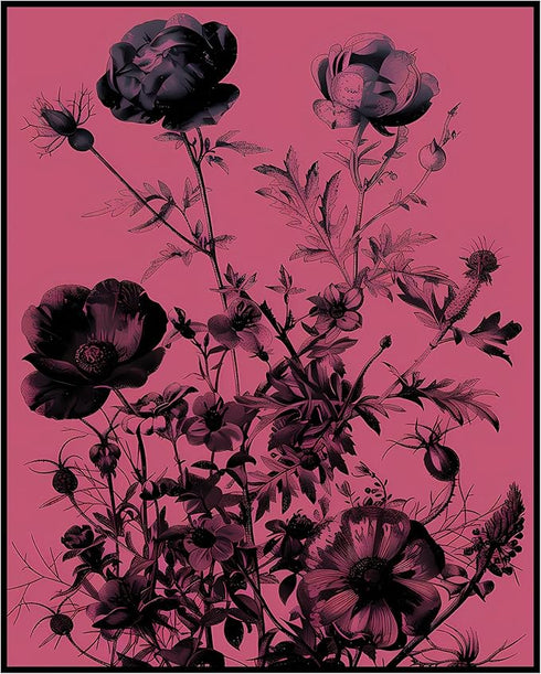 Posterizer 1 pcs-dainty black flowers with pink soft background-Floral & Botanical Art-Abstract & Modern Art-Decor for Home & Office- UNFRAMED Wal...