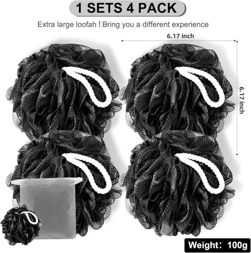 Loofah Sponge XXL-100g 4 Pack, Bath Sponge Soft Mesh Shower Puff Loofah for Men, Exfoliating Body Scrubber for Women, Shower Accessories (Black)...
