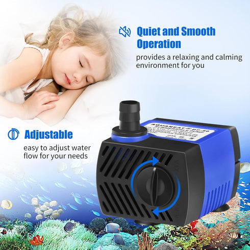 AQUANEAT Small Fountain Pump, 80 GPH Mini Submersible Water Pump with 3.3 ft Tubing, for Aquarium Fish Tank, Pet Water Fountain, Water Table, Wate...