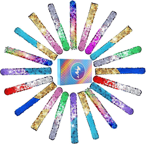KUUQA 25 Pcs Magic Mermaid Sequin Bracelets Glitter Reversible Sequins Slap Bracelets Wristbands for Kids Little Mermaid Birthday Party Favors Sup...