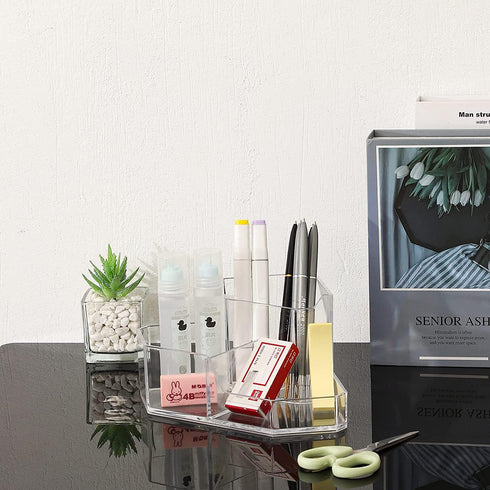Cq acrylic Pencil and Pen Holder For Desk 3 Compartment Cute Pen Cup Durable Desk Organizers for Middle High School Office College Student Clear P...