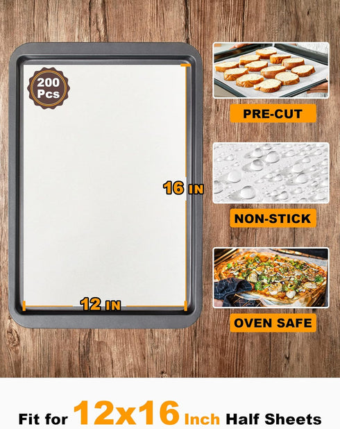 SMARTAKE 200 Pcs Parchment Paper Baking Sheets, 12x16 Inch Non-Stick Precut Baking Parchment, Suitable for Baking Grilling Air Fryer Steaming Brea...