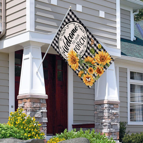 Home Decorative Welcome to Our Porch Spring Summer Sunflower House Flag, Black White Buffalo Plaid Check Yard Outside Decoration, Fall Autumn Farm...