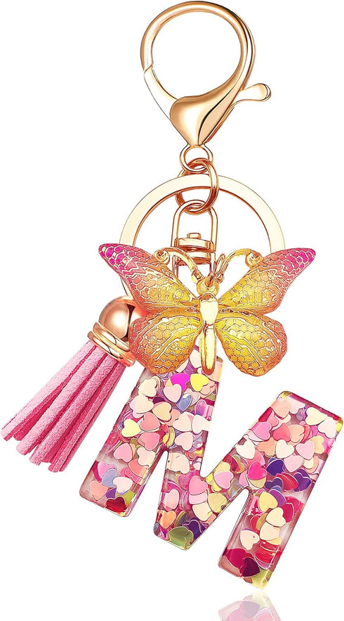 Initial letter Keychains for Women Tassel Butterfly Pink Purple Cute Car Keychain for Wallet Backpack bag charm...