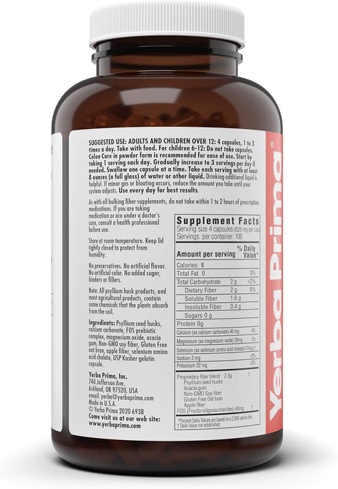 Yerba Prima Prebiotic Colon Care Capsules, 400 Caps - Five Forms of Fiber Plus FOS Pre-biotics - Dietary Health Supplement - Healthy Soluble & Ins...