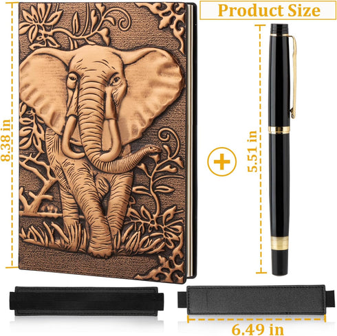 Vintage Elephant Embossed Leather Notebook with Ballpoint Pen/Pen Sleeve,A5 Hardcover Notebook,for Business Notepad/Travel Journal/Family Daily No...